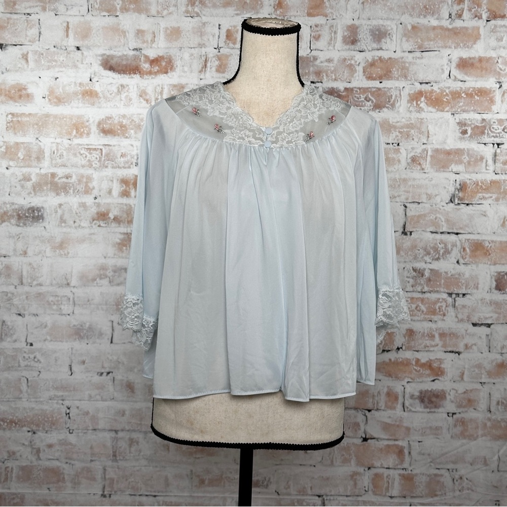 True Vintage 1970s Rose Embroidered Waterfall Draped Front Babydoll Pajama Top
